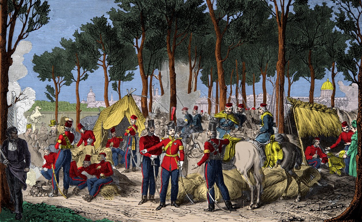 Lager russischer und englischer Truppen auf den Champs Elysées in Paris im Juli 1815 nach der Niederlage Napoleons I., Gravur, Private Sammlung von Anonymous Anonymous