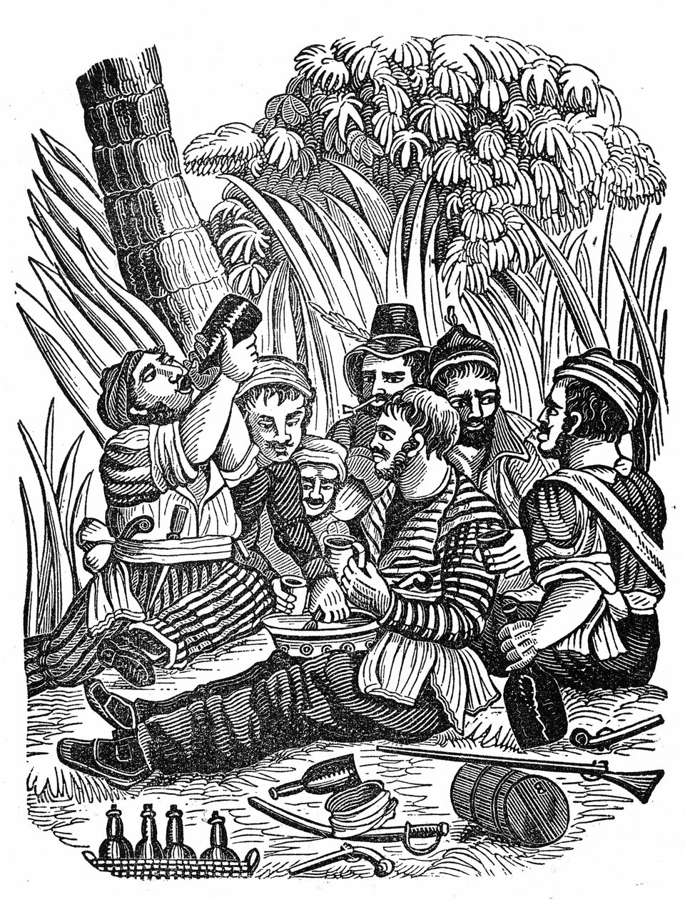 Die Mannschaft von Captain Bartholomew Roberts ruht sich am Old Calabar River aus, späte 17. Jahrhundert. Gravur aus „The pirate own book“ 1837 von Anonymous Anonymous
