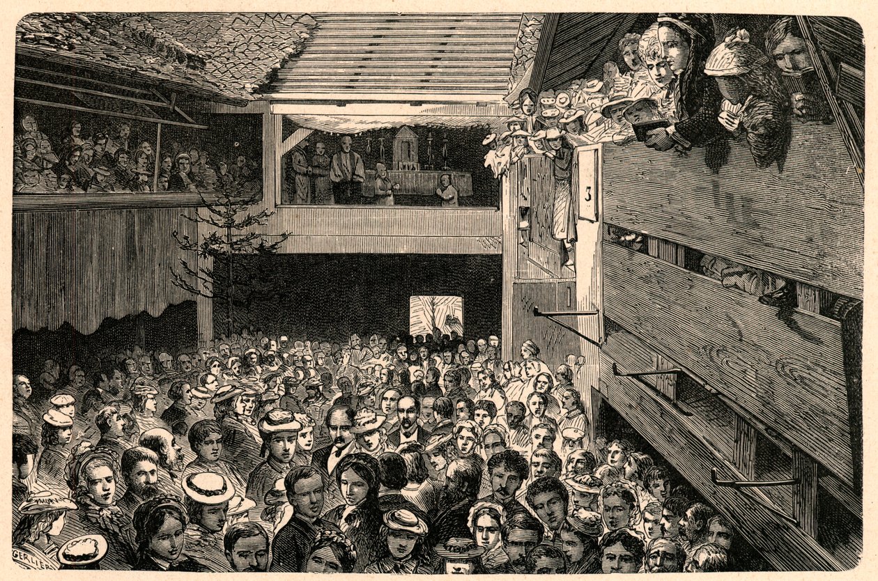 Feier des katholischen Gottesdienstes in Porrentruy, Schweiz im Jahr 1874, nach einer Fotografie. Gravur in „Les Missions Catholiques au XIXème Siècle“ von Louis-Eugène Louvet. Private Sammlung. von Anonymous Anonymous