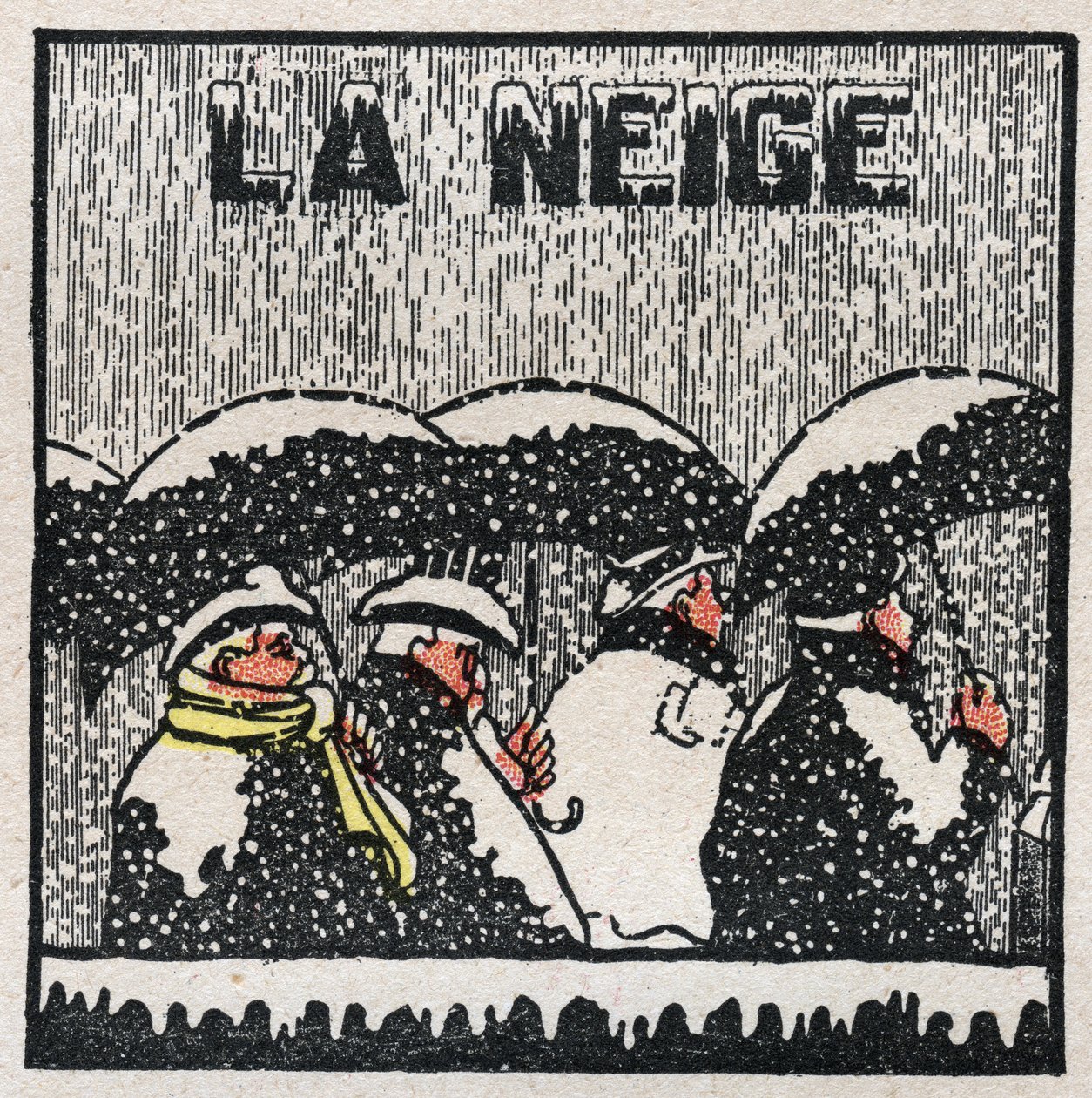 Zustandsänderungen: Verfestigung und Kristallisation. Schnee entsteht aus feinen Wassertröpfchen, die sich verfestigen und kristallisieren. Anonyme Illustration von 1925. Private Sammlung. von Anonymous Anonymous