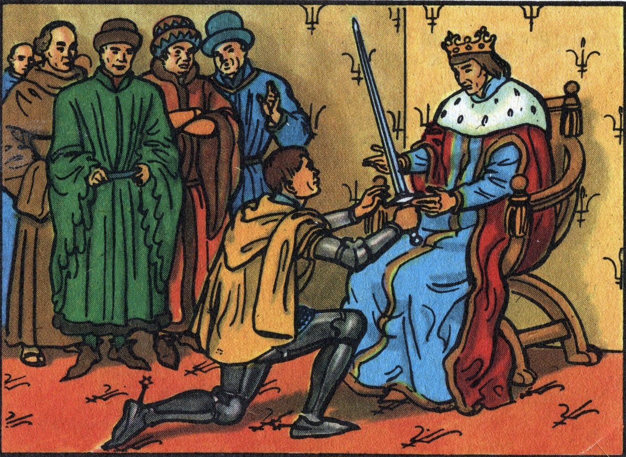 Karl V. der Weise (1338-1380) übergibt feierlich das Schwert des Konnetabels an Bertrand du Guesclin (1320-1380). Anonyme Illustration in „Collection des souverains et chefs d