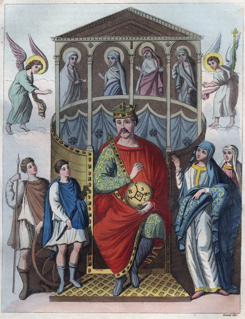 Karl der Kahle, König von Westfranken, Italien und Heiliger Römischer Kaiser, 823 - Porträt von Karl II. der Kahle (823 - 877), König von Frankreich Gravur aus „Usi e Costumi di Tutti i Popoli dell