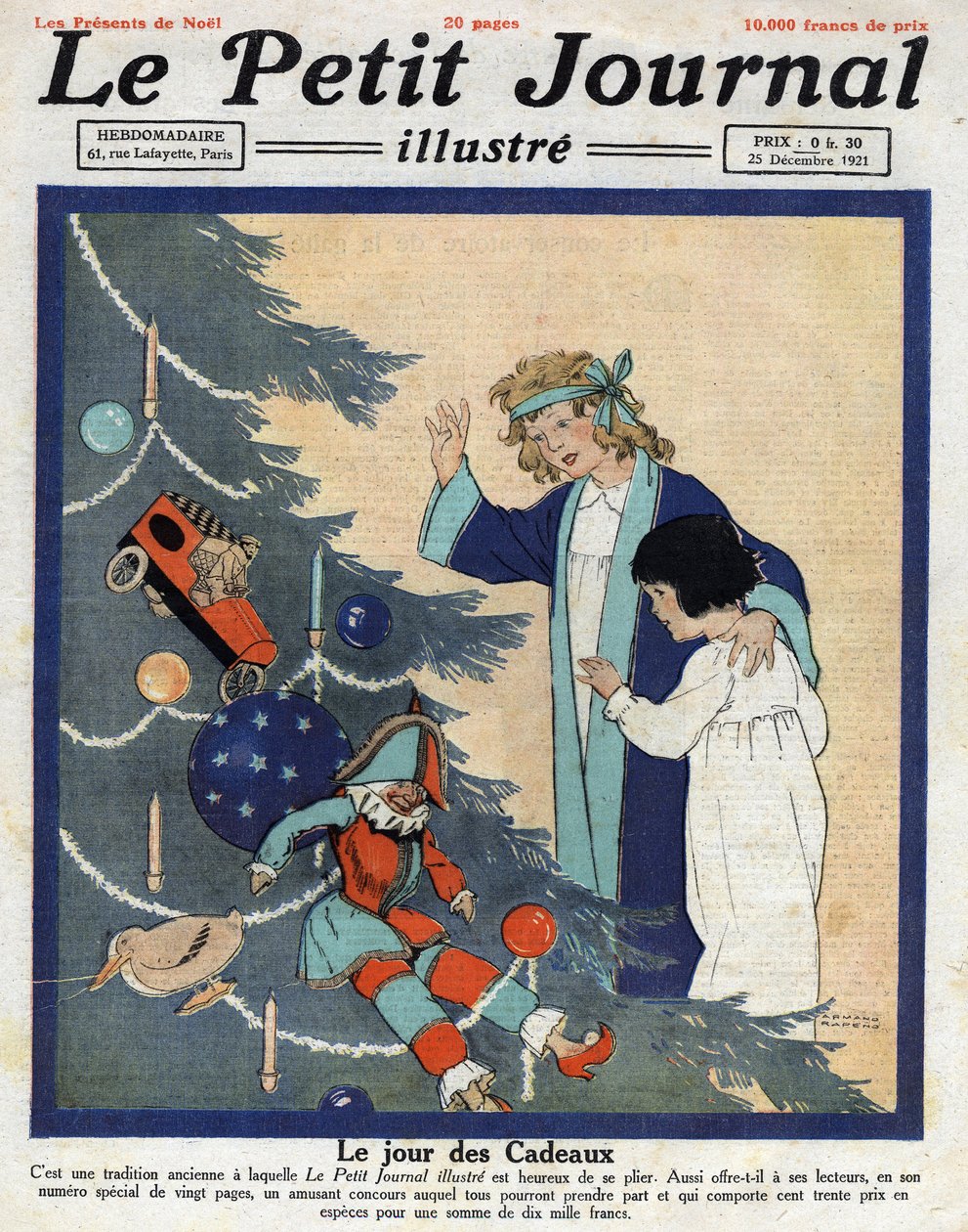 Weihnachtsfeier: Kinder entdecken Geschenke am Fuße des Weihnachtsbaums. Illustration aus „Le petit journal“ vom 25.12.1921. Private Sammlung von Anonymous Anonymous