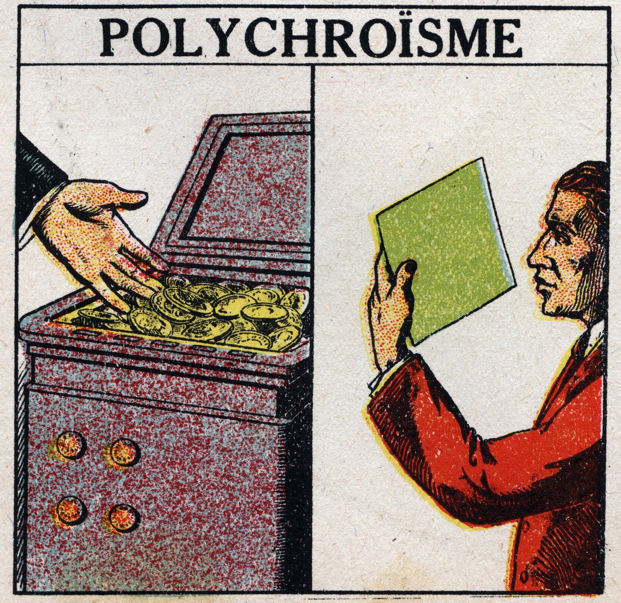 Farben: Polychromie. Goldmünzen sind gelb, aber dünnschichtiges Gold ist grün. Anonyme Illustration von 1925. Private Sammlung. von Anonymous Anonymous