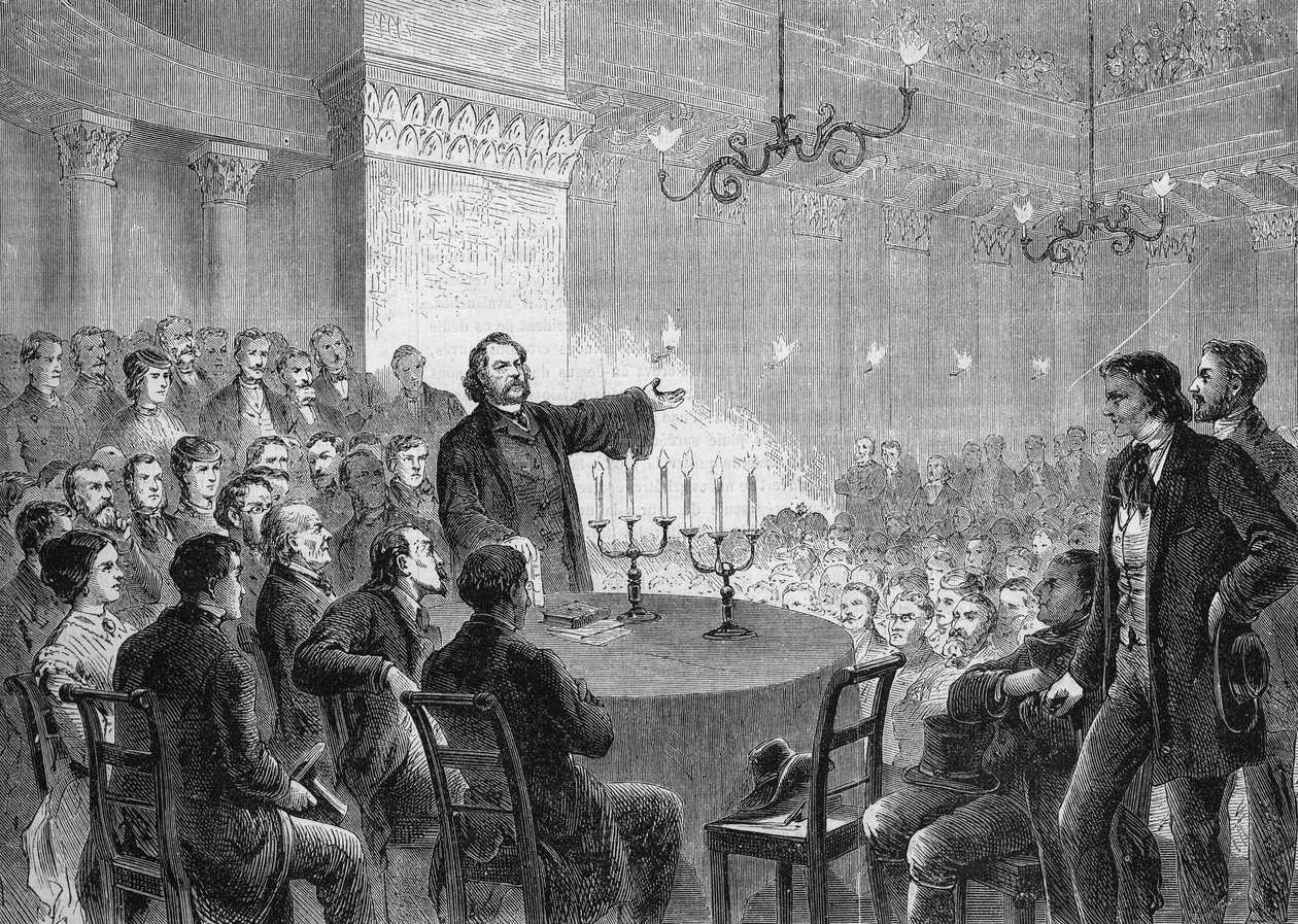 Konferenz des Reformers Johannes (Jean) Ronge (1813-1887) in Wien im Jahr 1868. Er gründete die Universalkirche. Gravur von 1868. Privatsammlung. von Anonymous Anonymous