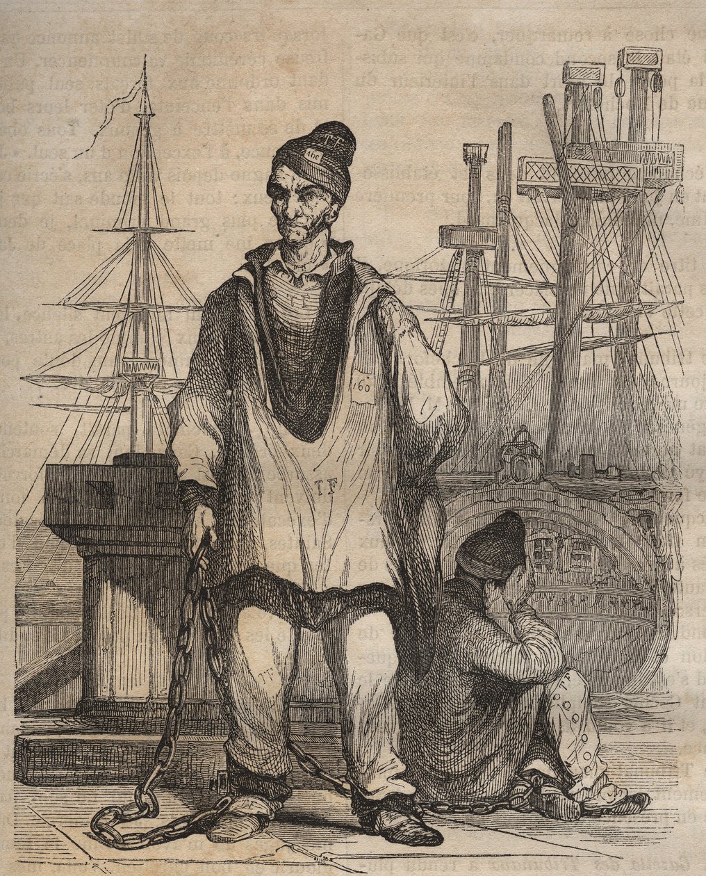 Lebenslange Verurteilungen im Rochefort Bagne im 19. Jahrhundert. Gravur in „Histoire des bagnes depuis leur création à nos jours“ (1877) von Pierre Zaccone. von Anonymous Anonymous