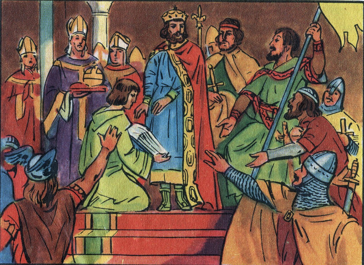 Krönung von Hugues Capet (941-996) in Noyon im Jahr 987 durch Adalberon (ca. 925-990), Erzbischof von Reims. Diese Krönung markierte den Beginn der Kapetinger-Dynastie, Könige von Frankreich, die entweder direkt oder indirekt für 8 Jahre regierten. Anonyme von Anonymous Anonymous