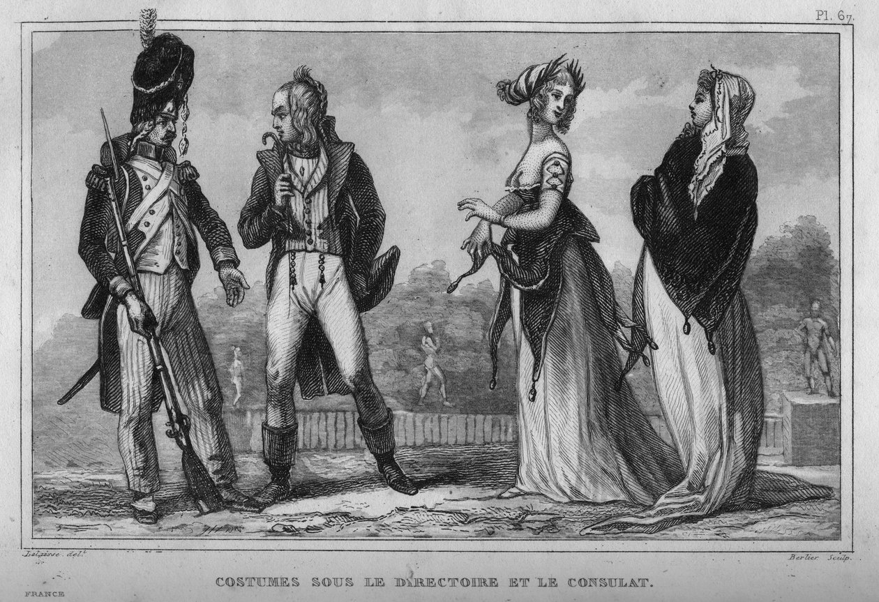 Kostüme im Exekutivrat und Konsulat. Gravur von 1859 in „Le Monde. Geschichte aller Völker von den frühesten Zeiten bis zur Gegenwart“ von M. E. de Lostalot-Bachoue. Private Sammlung. von Anonymous Anonymous