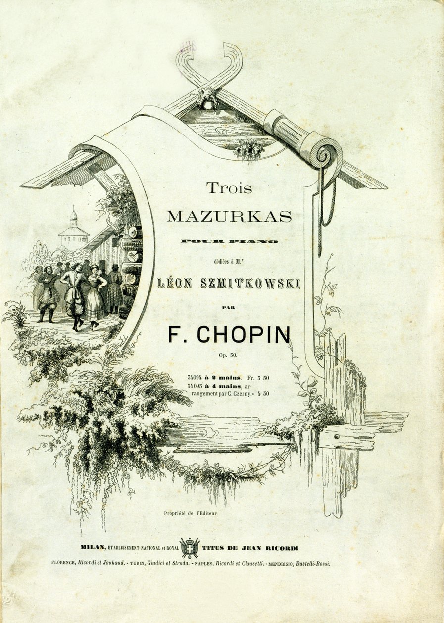 Titelblatt von „Drei Mazurken für Klavier, Opus 50“ gewidmet Leon Szmitkowski, komponiert von Frederic Chopin (1810-1849). von Anonymous Anonymous