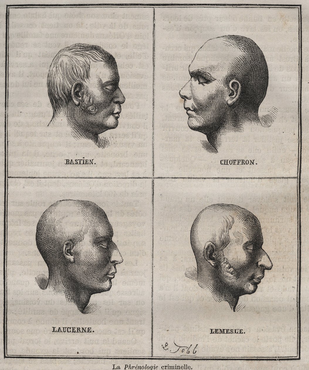 Kriminelle Phrenologie im Brest Bagne (Porträts, die die physiognomischen Merkmale verschiedener Krimineller darstellen). Gravur in „Histoire des bagnes depuis leur création à nos jours“ (1877) von Pierre Zaccone. von Anonymous Anonymous