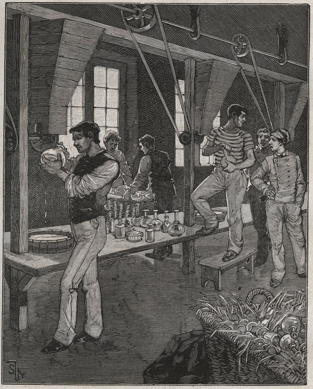 Werkstatt der Kristallgraveure in Frankreich im 19. Jahrhundert. Gravur aus 1885 in „Les arts et metiers illustres“ von Adolphe BITARD. von Anonymous Anonymous