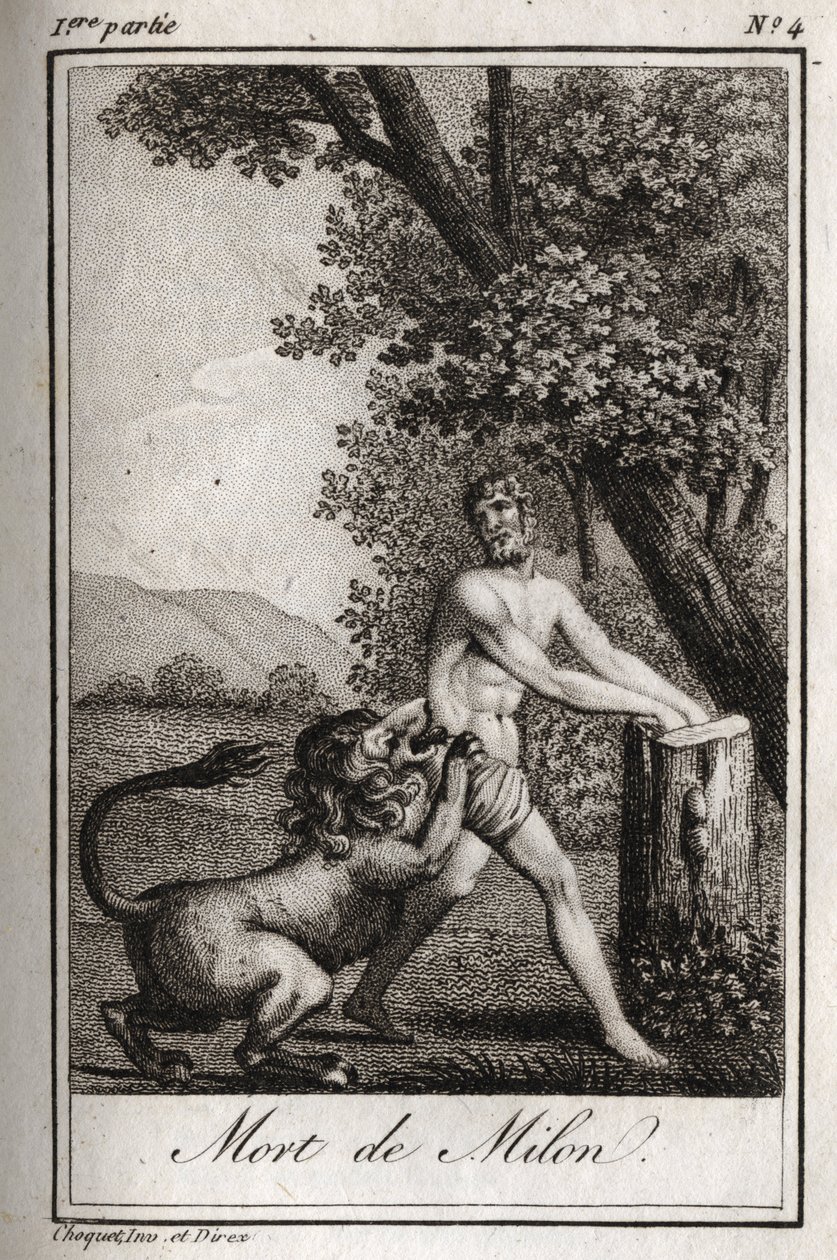Tod von Milon von Kroton, von einem Wolf verschlungen. Gravur von 1819 in „Lettres à Emilie sur la mythologie“ von Charles Albert Demoustier (1760-1801). Private Sammlung. von Anonymous Anonymous