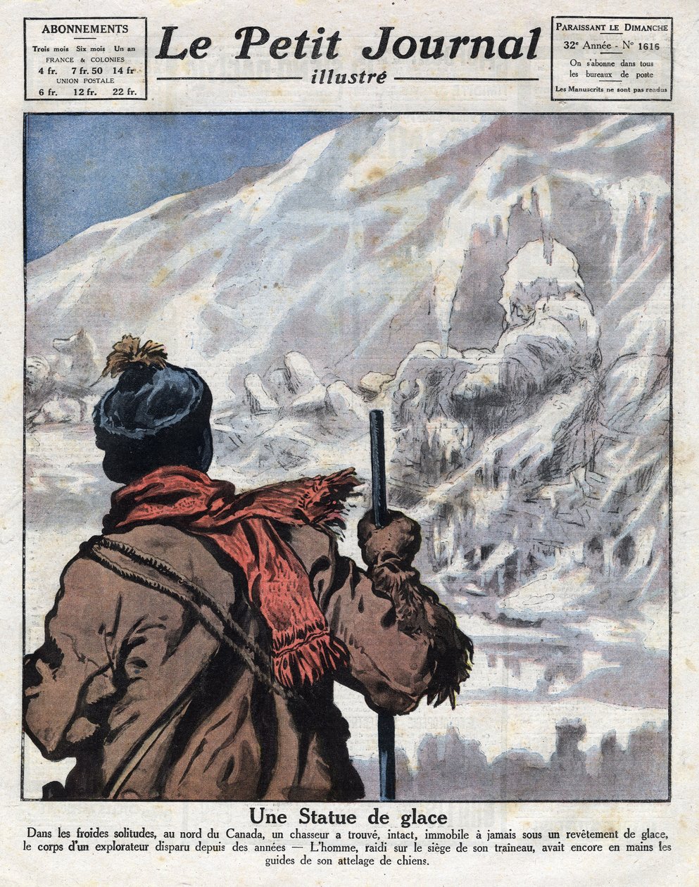 Entdeckung des Körpers eines Entdeckers im Eis von Kanada, der seit Jahren verschwunden war. Illustration aus „Le petit journal“ vom 11.12.1921. Private Sammlung von Anonymous Anonymous