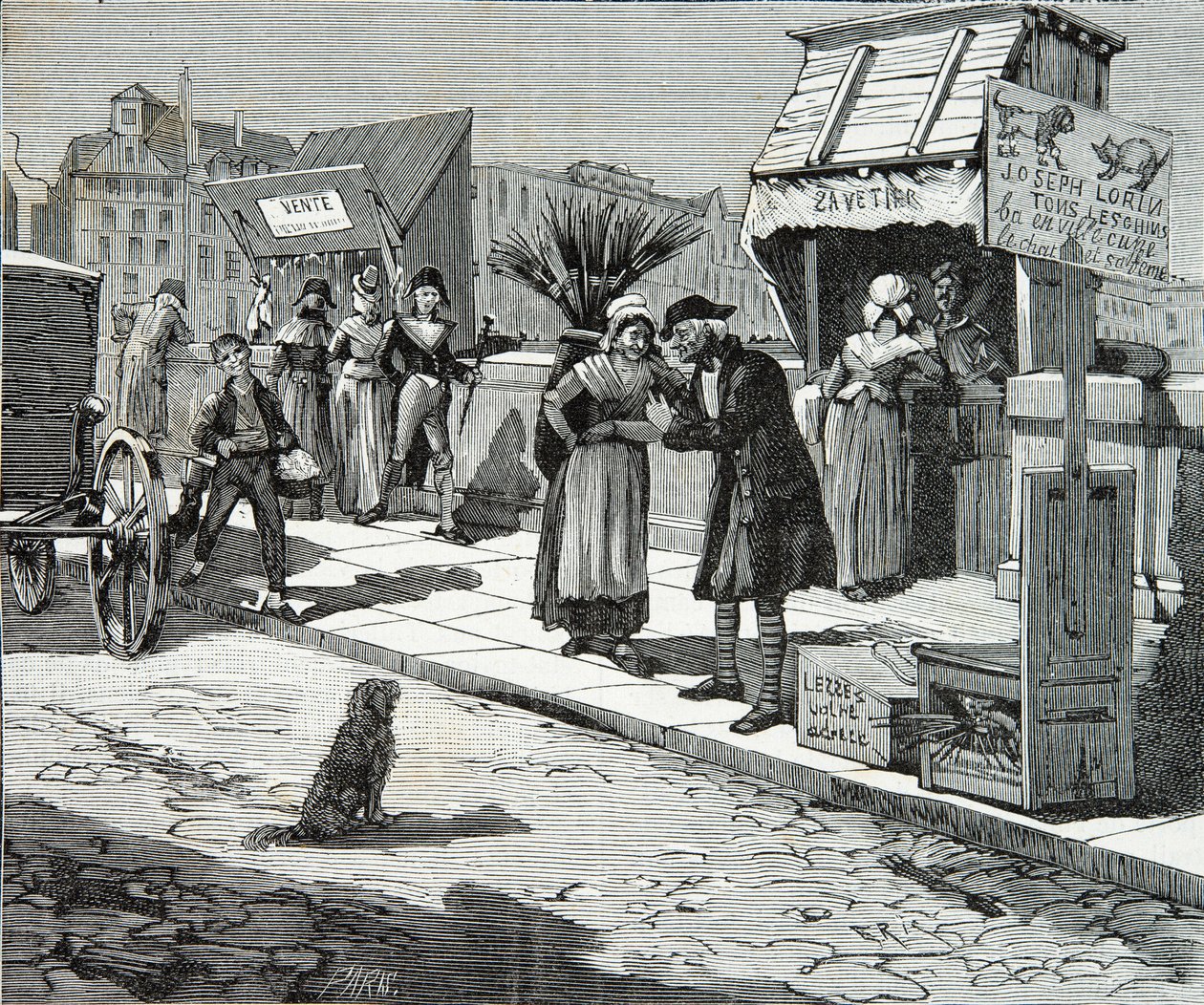 Hundeschneider auf der Pont Neuf in Paris um 1796, Gravur, Private Sammlung von Anonymous Anonymous