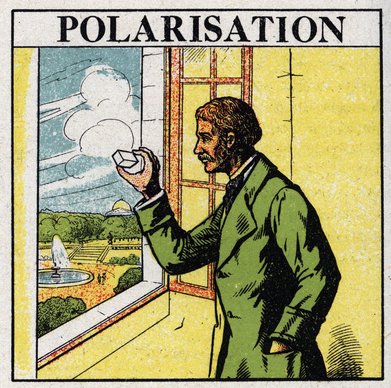 Doppelbrechung: Etienne Louis Malus (1775-1812) beobachtet durch einen Spat die Lichtstrahlen der untergehenden Sonne, die von den Glasfenstern des Luxemburger Palastes im Jahr 1808 reflektiert werden. Anonyme Illustration von 1925. Private Sammlung. von Anonymous Anonymous