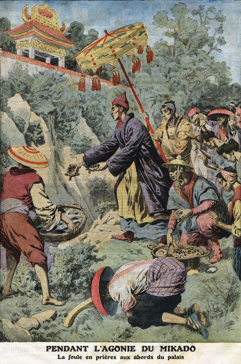 Während der Agonie des Mikado (Kaiser von Japan) Meiji (1852-1912): die Menge im Gebet in der Nähe des Palastes. Gravur in „Le Petit Journal“, am 11.08.1912. Private Sammlung. von Anonymous Anonymous