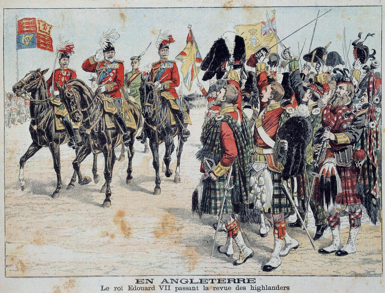 Edward VII (1841-1910), König von England, inspiziert die schottischen Highlander. Illustration aus dem illustrierten Supplement des 