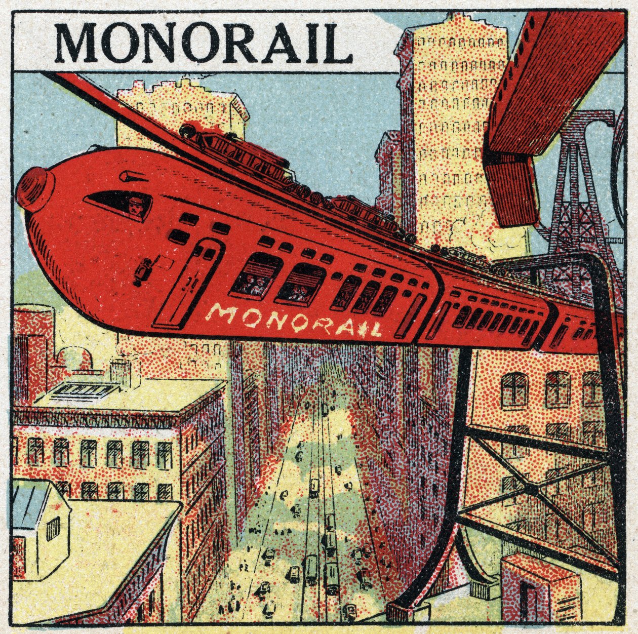 Elektrische Eisenbahnen: Projekt für eine Einschienenbahn, die in einer Stadt verkehrt. Anonyme Illustration von 1925. Private Sammlung. von Anonymous Anonymous