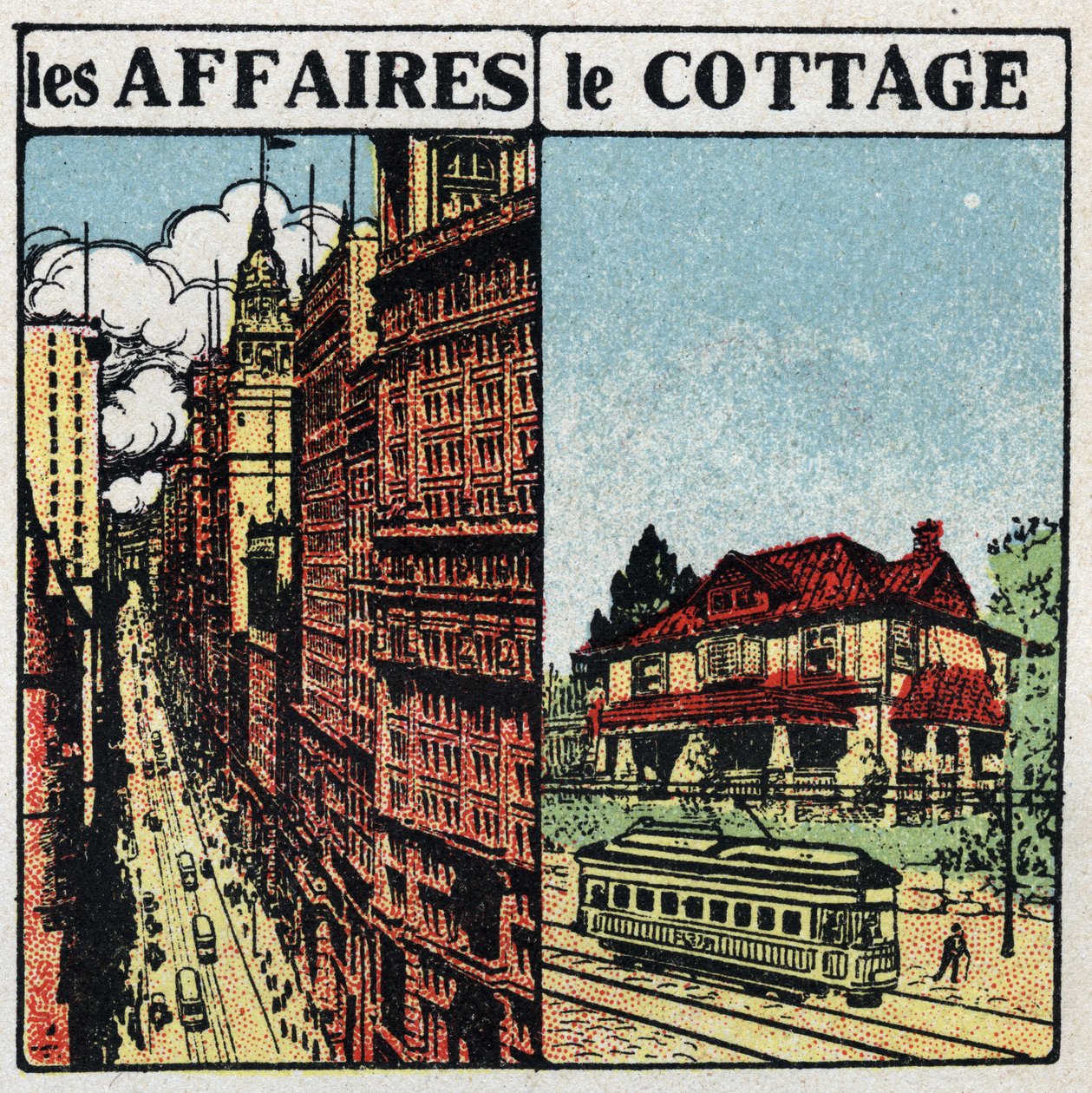 Elektrische Straßenbahnen: Straßenbahnlinie in der Stadt (links) und auf dem Land (rechts). Anonyme Illustration von 1925. Private Sammlung. von Anonymous Anonymous