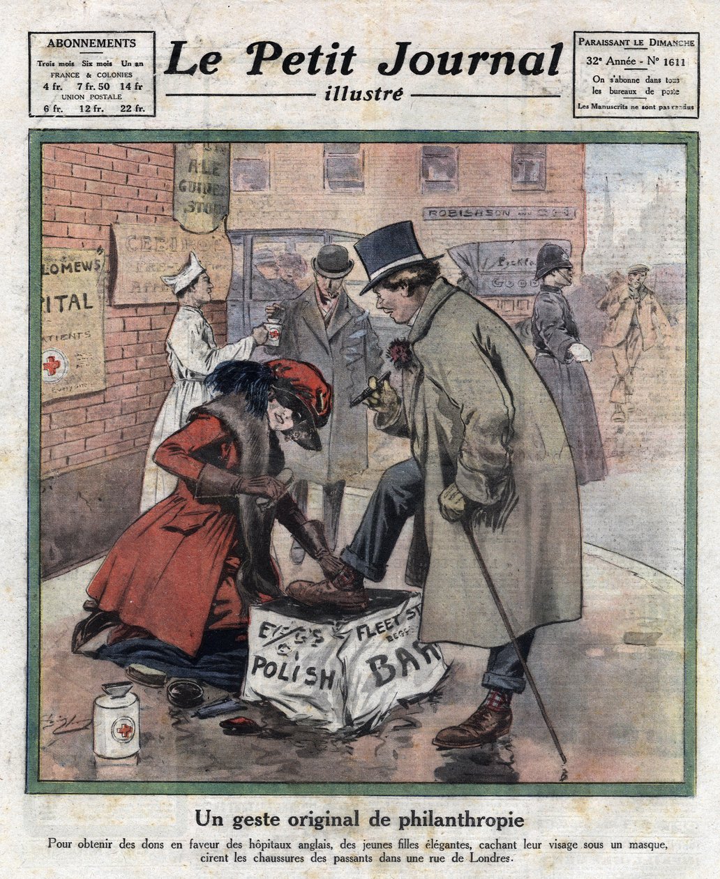 Elegante junge Mädchen, ihr Gesicht hinter einer Maske verborgen, putzen die Schuhe von Londoner Passanten, um Geld für englische Krankenhäuser zu sammeln. Illustration aus „Le petit journal illustré“ vom 06.11.1921. Private Sammlung von Anonymous Anonymous