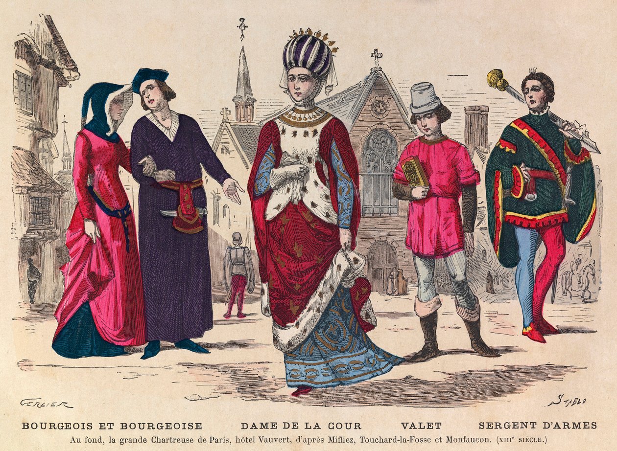 Gravur - Bürger und Bürgerin, Hofdame, Diener, Waffenmeister in Paris im 13. Jahrhundert (im Hintergrund das große Kartäuserkloster von Paris, Hotel Vauvert) von Anonymous Anonymous