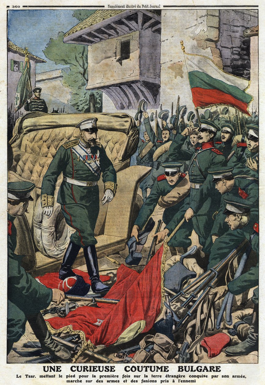 Erster Balkankrieg: Zar Ferdinand I. von Bulgarien (1861-1948) marschiert auf fremden, von seiner Armee eroberten Gebieten in Mustapha-Pasha (heute Ferdinandovo), tritt auf die Waffen und Fahnen der Feinde. Illustration aus „The Little Journal“ von Anonymous Anonymous