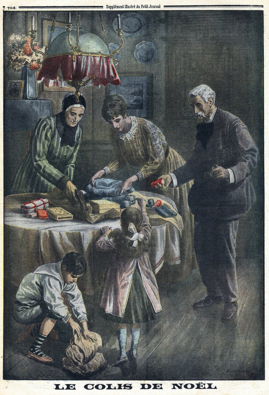 Erster Weltkrieg 1914-1918. Weihnachtsgeschenk: Kinder erhalten und packen Pakete aus, die sie von ihrem Vater an der Front am Heiligabend erhalten haben. In „Le Petit Journal“, am 24.12.1916. Private Sammlung von Anonymous Anonymous