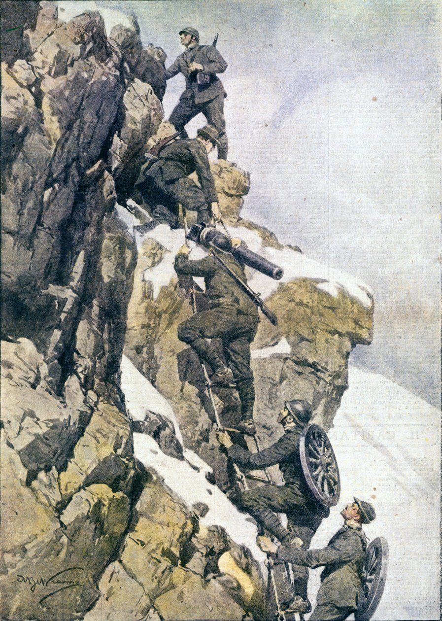 Erster Weltkrieg: Italienische Alpenjäger tragen Material auf einen Gipfel der italienischen Alpen von Anonymous Anonymous