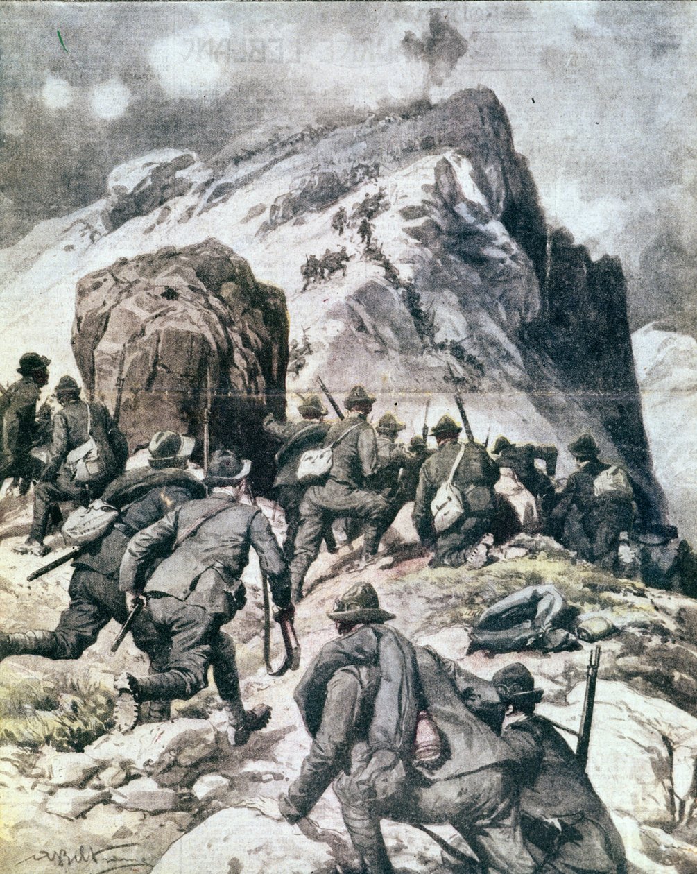 Erster Weltkrieg: „Italienische Alpenjäger (Alpini) klettern auf den Gipfel des Cauriol, Italienische Alpen“ 1916. Illustration aus „La domenica del corriere“ von Anonymous Anonymous