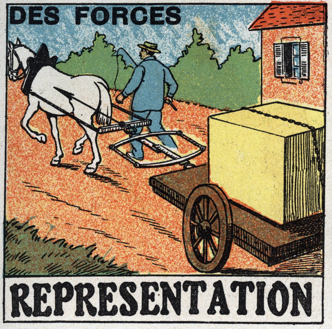 Kräfte: ein Pferd zieht einen Wagen. Anonyme Illustration von 1925. Private Sammlung. von Anonymous Anonymous