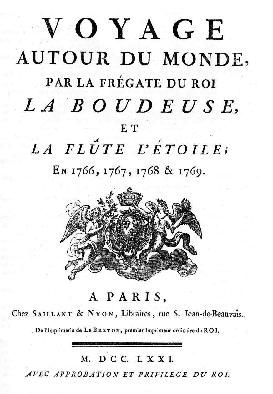 Frontispiz von 1771 des Buches „Reise um die Welt mit der Fregatte des Königs La Boudeuse und der Flöte L