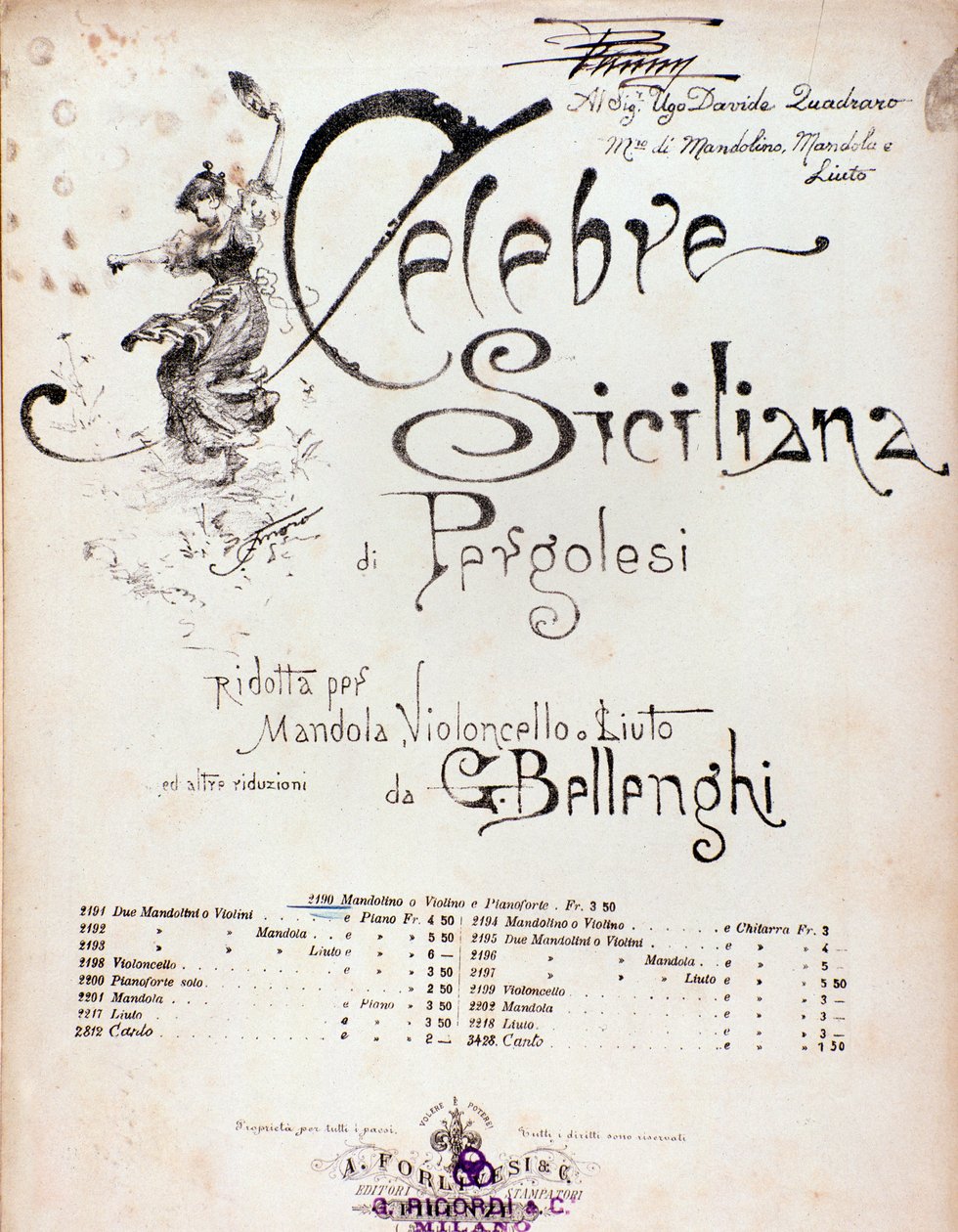 Frontispiz der Partitur von Celebre siciliana, zugeschrieben GB Pergolese von Anonymous Anonymous