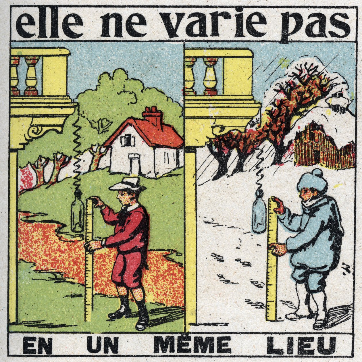 Körnigkeit: Sie variiert nicht an einem Ort. Ein Kind misst die Schwerkraft mit einer Feder an derselben Stelle im Sommer und Winter. Anonyme Illustration von 1925. Private Sammlung. von Anonymous Anonymous