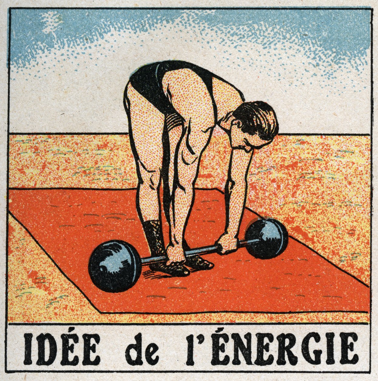 Idee der Energie: Athlet hebt ein Gewicht. Anonyme Illustration von 1925. Private Sammlung. von Anonymous Anonymous