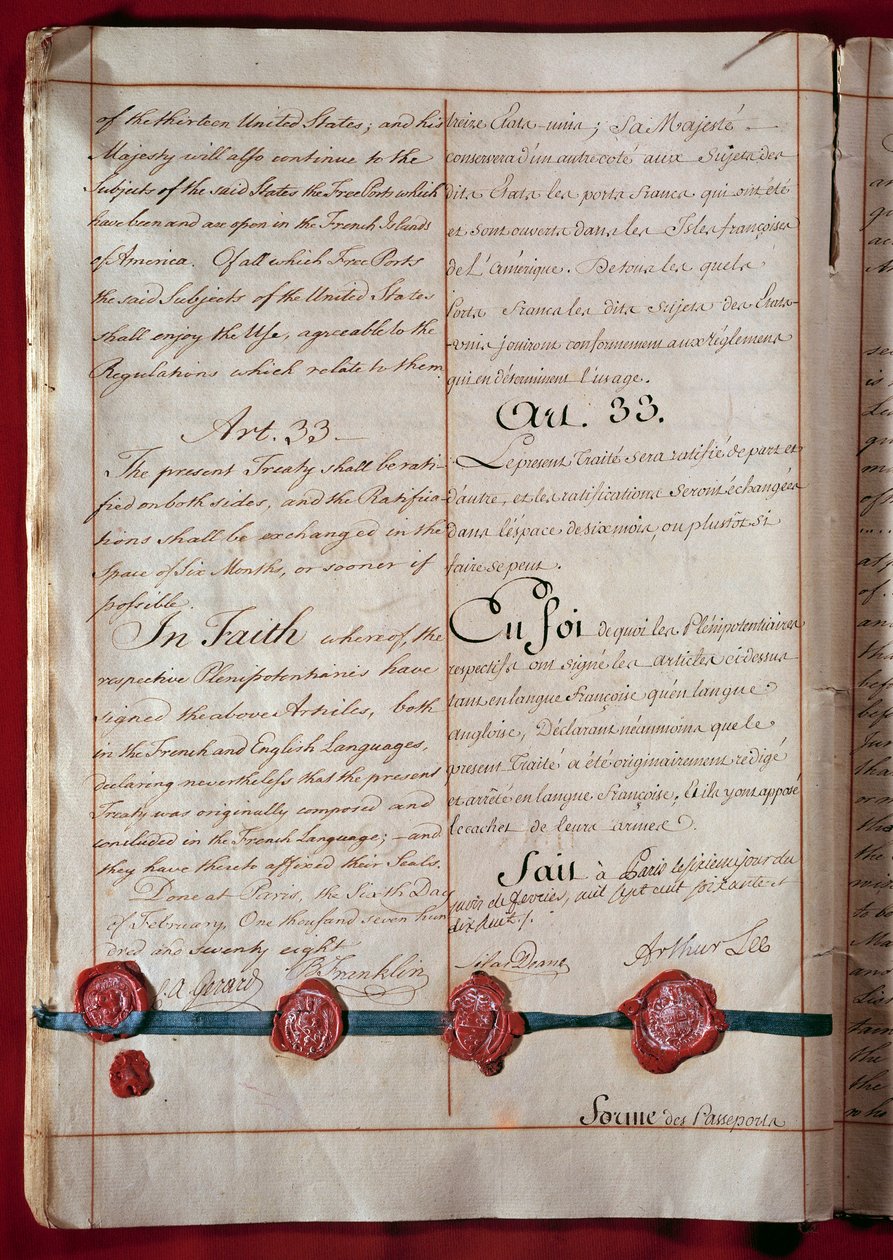 Unabhängigkeit der Vereinigten Staaten: Freundschafts- und Handelsabkommen zwischen Frankreich und den Vereinigten Staaten (dargestellt durch Benjamin Franklin) vom Februar 1778 in beiden Sprachen. 1778 Paris, Außenministerium von Anonymous Anonymous