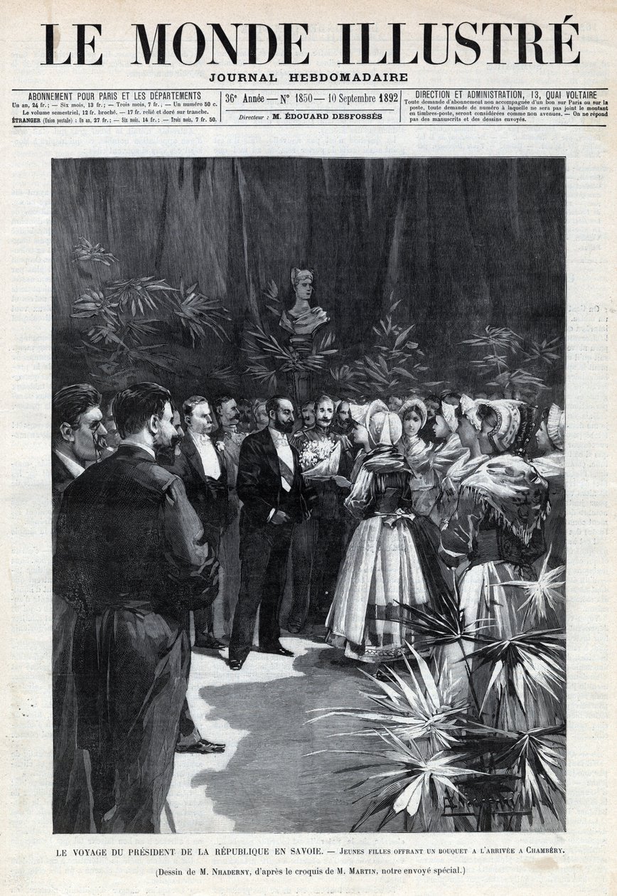 Reise von Sadi Carnot (1837-1894) nach Savoyen: Der Präsident der Republik wird in Chambéry von jungen Mädchen mit einem Blumenstrauß begrüßt. Eine Zeitung. Gravur in „Le monde illustré“ von 1892. Private Sammlung. von Anonymous Anonymous