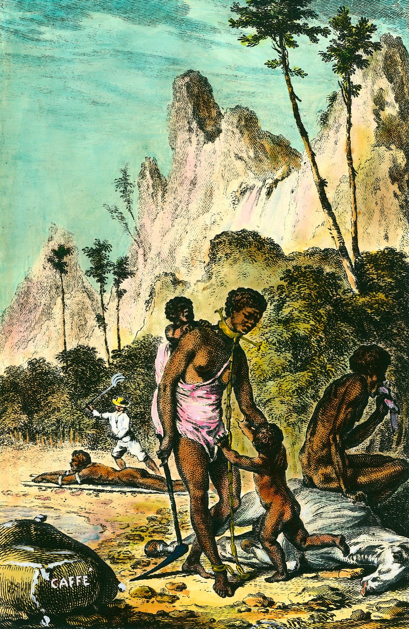 Reise zur Ile de France (heutiges Mauritius): die Arbeit der Sklaven. Ein weißer Ausbeuter peitscht einen am Boden liegenden Sklaven. Eine Frau trägt eine Halskette mit ihrem Fuß. Gravur aus dem 18. Jahrhundert. Private Sammlung. von Anonymous Anonymous