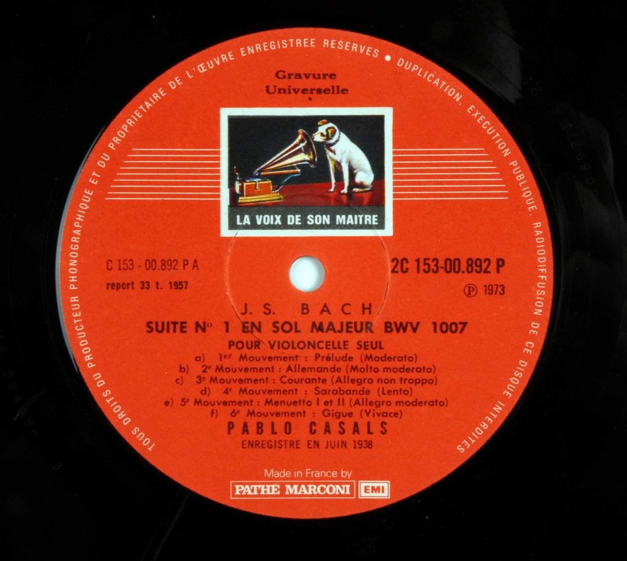 Etikett der Schallplatte 33 Umdrehungen (Vinylplatte) der Marke „EMI die Stimme seines Herrn“ von Pablo Casals, der die 6 Suiten für Cello von Johann Sebastian Bach interpretiert. von Anonymous Anonymous