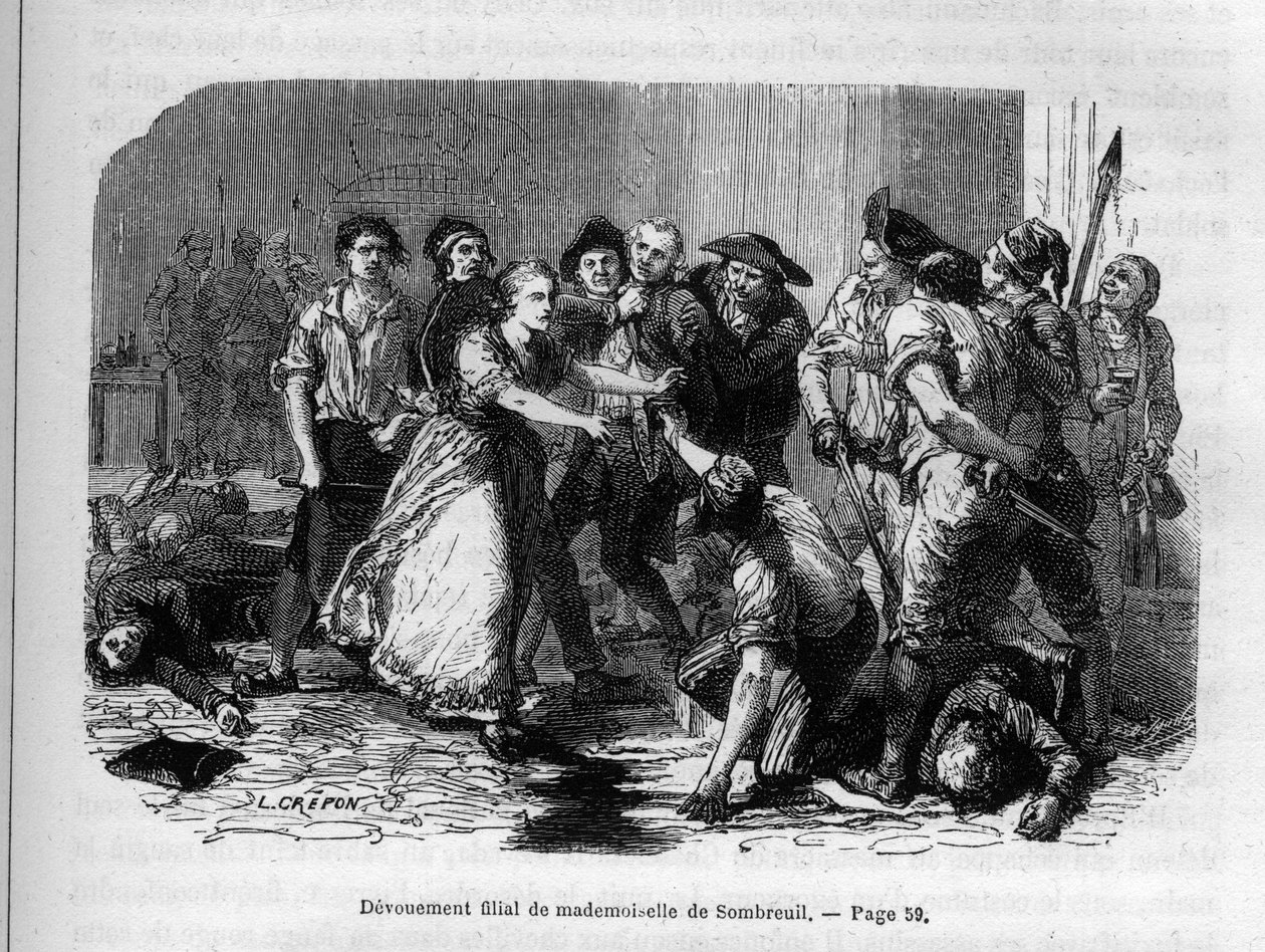 Die Hingabe von Madame de Sombreuil - Mademoiselle (Marie) de Sombreuil (1774-1823) Heldin der Revolution - Gravur in „Histoire des Girondins“ von Alphonse de Lamartine (1790-1869) 1865-1866. Private Sammlung von Anonymous Anonymous
