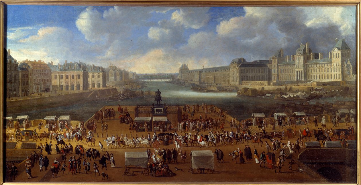 Le Pont Neuf gesehen vom Eingang zur Place Dauphine, Durchzug eines Kortsches auf der Brücke im Jahr 1669. Anonymes Gemälde. Paris, Musée Carnavalet von Anonymous Anonymous