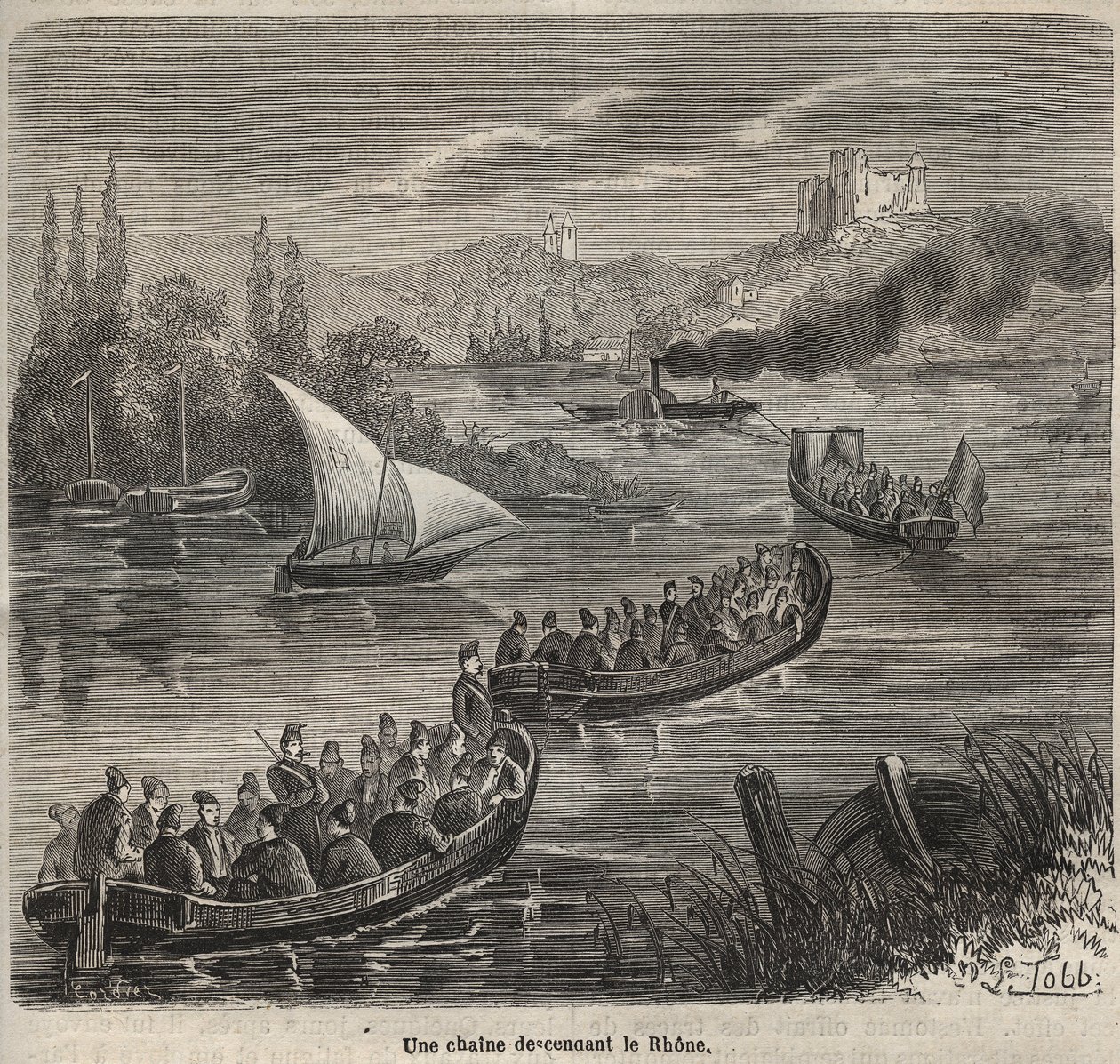 Das Zuchthaus von Toulon - eine Kette, die die Rhone hinuntergeht - Gravur in „Histoire des bagnes depuis leur création à nos jours“ (1877) von Pierre Zaccone (1817-1895) von Anonymous Anonymous