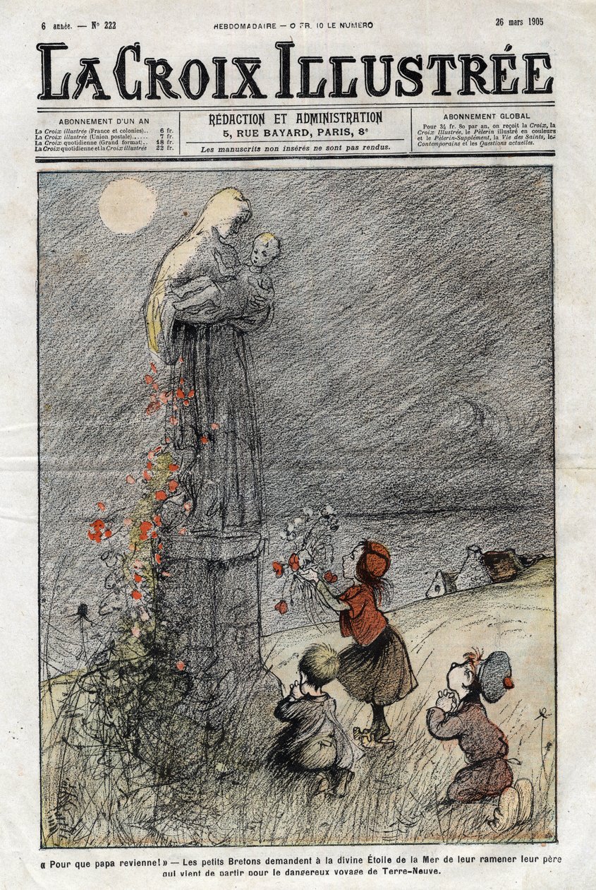 Kleine Bretonen bitten den göttlichen Stern des Meeres, ihren Vater zurückzubringen, der gerade zur gefährlichen Reise nach Neufundland aufgebrochen ist - Titelblatt von „La-Croix-Illustrée“ von 1905 von Anonymous Anonymous