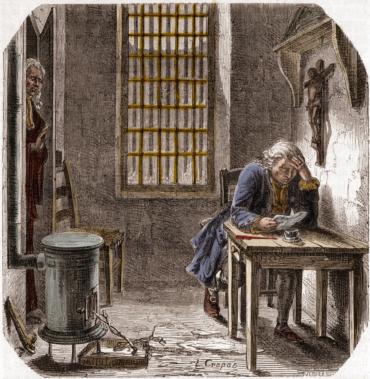 Ludwig XVI. (1754-93) liest sein Testament im Tempel 1792 - Ludwig XVI. liest sein Testament im Turm des Tempels am 25. Dezember 1792 - Gravur in „Histoire des Girondins“ von Alphonse de Lamartine (1790-1869) 1865-1866 - Private Sammlung von Anonymous Anonymous