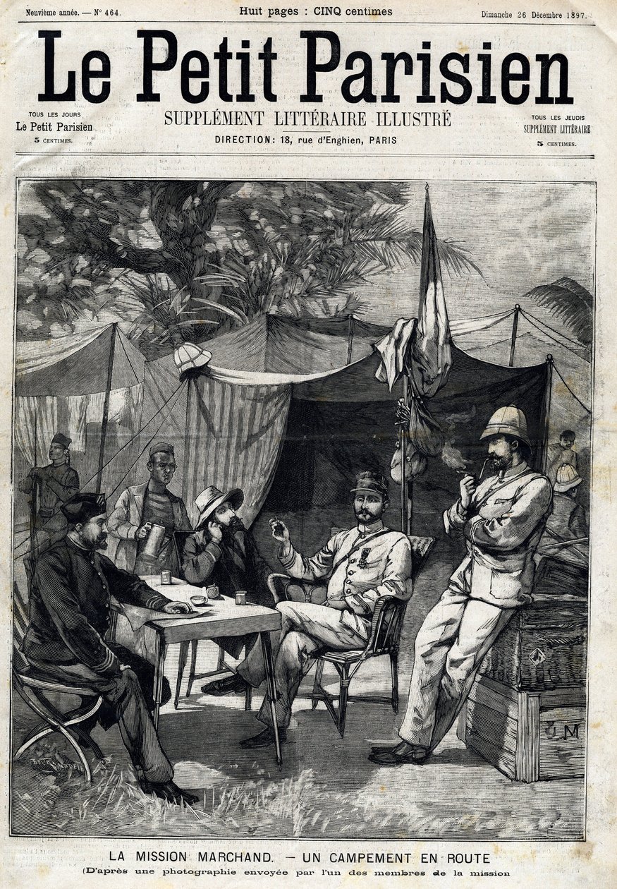 Marchand-Missionslager: Jean-Baptiste Marchand (1863-1934), Kapitän Baratier zu seiner Linken und Leutnant Victor Emmanuel Largeau (1867-1916) und Kapitän Germain zu seiner Rechten. In „Le Petit Parisien“ am 26.12.1897 von Anonymous Anonymous