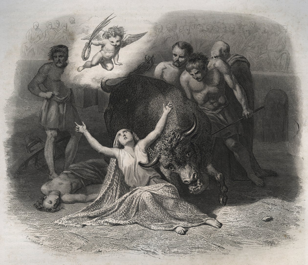 Martyrium der heiligen Blandine von Lyon und Ponticus in der Arena im Jahr 177 während der Verfolgungen der ersten Christen. Gravur von 1846 in „Lives of the saints“. Private Sammlung von Anonymous Anonymous