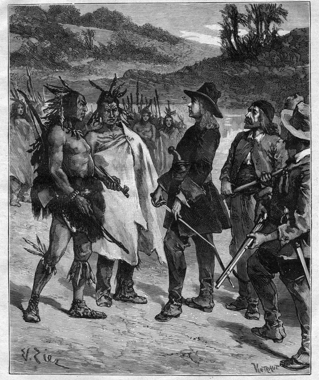 Treffen von Robert Cavelier de La Salle (1643-1687) mit den Indianern Amerikas in der Nähe des Lake Peoria, Gravur im „Journal des voyages“ von 1889 von Anonymous Anonymous