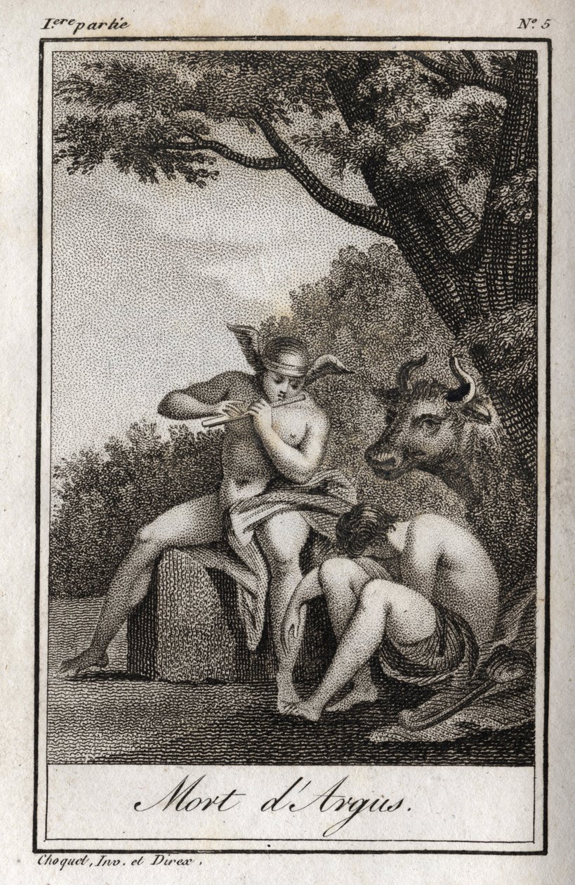 Merkur und Argus. Tod des Argus: Merkur spielte Flöte, um Argus einzuschläfern und die Nymphe Io zu befreien, die in eine Kuh verwandelt worden war. Gravur von 1819 in „Lettres a Emilie sur la mythologie“ von Charles Albert Demoustier (1760-1801) von Anonymous Anonymous
