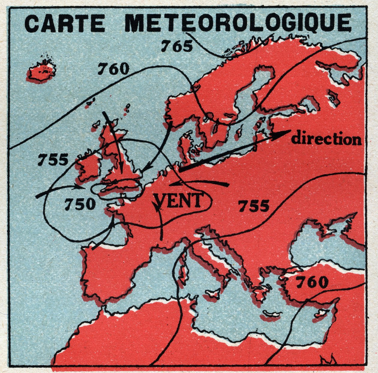 Meteorologie: meteorologische Karte. Anonyme Illustration von 1925. Private Sammlung. von Anonymous Anonymous
