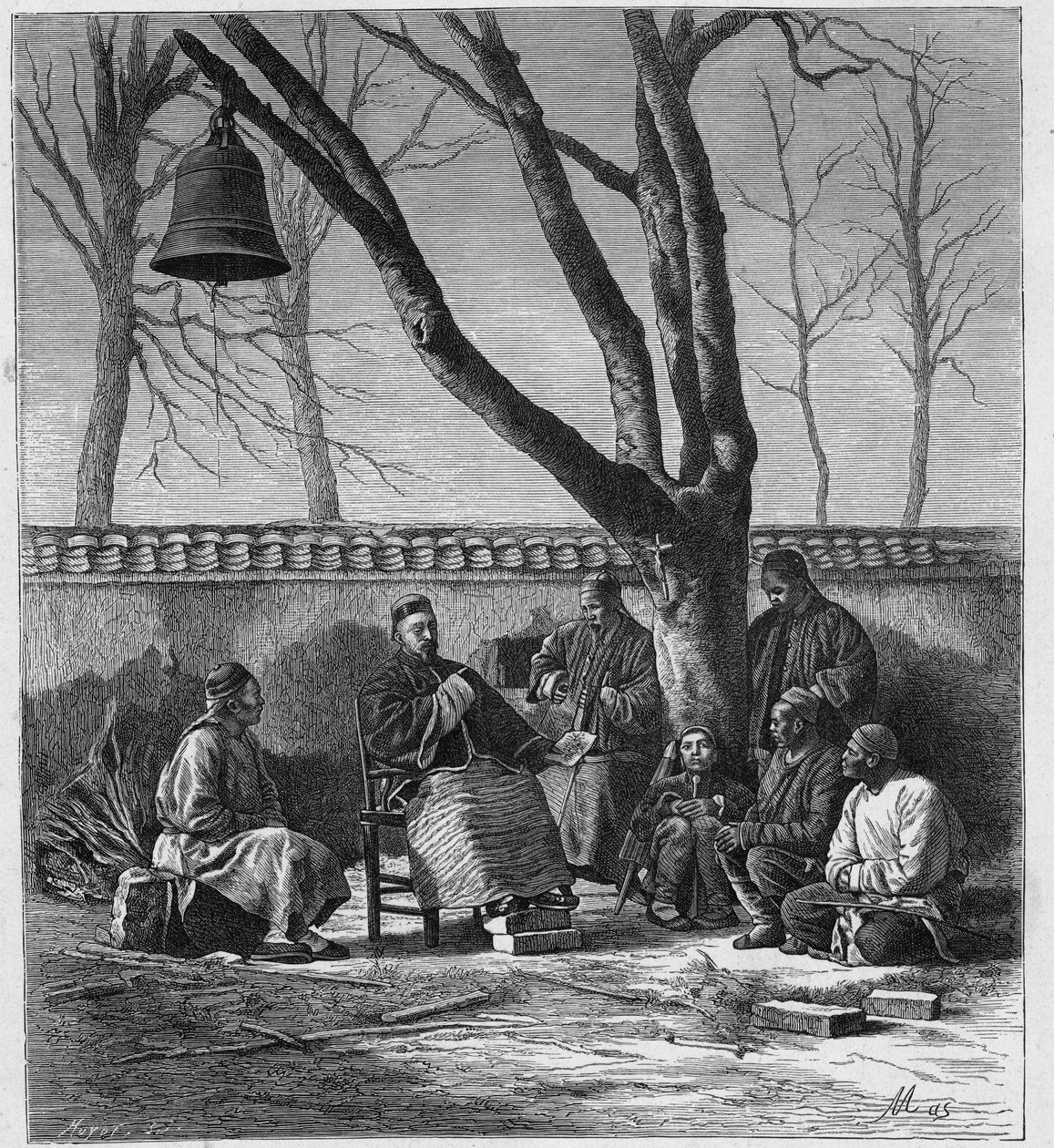 Missionar lehrt katholische Doktrin in der Provinz Henan, China. Gravur in „Les Missions Catholiques au XIXeme Siecle“ von Louis-Eugene Louvet. Private Sammlung von Anonymous Anonymous
