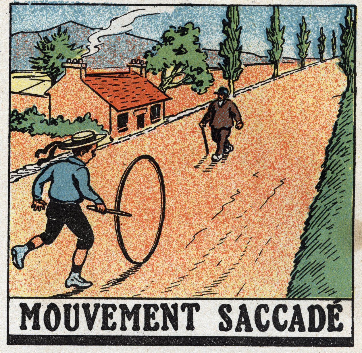 Bewegungen: ruckartige Bewegung. Ein Kind spielt mit einem Reifen. Anonyme Illustration von 1925. Private Sammlung. von Anonymous Anonymous